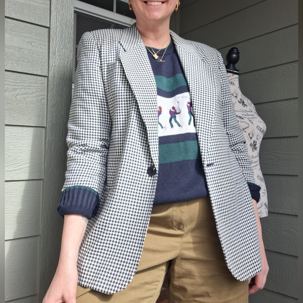 Vintage 90's Strong Shoulder Herringbone Blazer Navy Blue & White Plus Size 20W